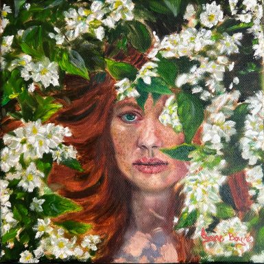 Solace from sun auburn haired woman's face partially covered by white flowers and leaves